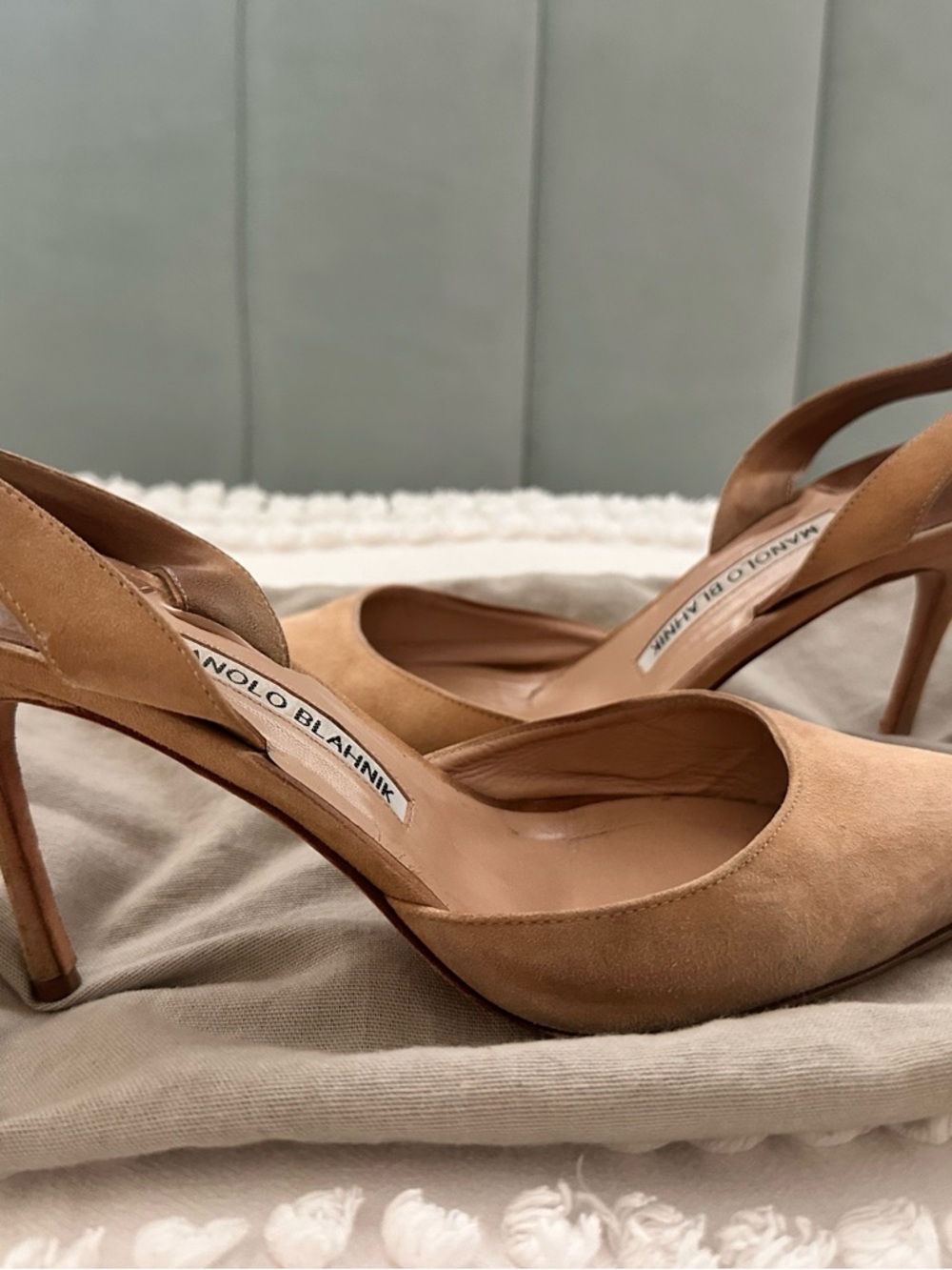 Manolo Blahnik Camel Suede Slingback Pumps with dust bag
